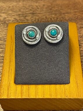 Turquoise-Center Silver Snake Stud Earrings